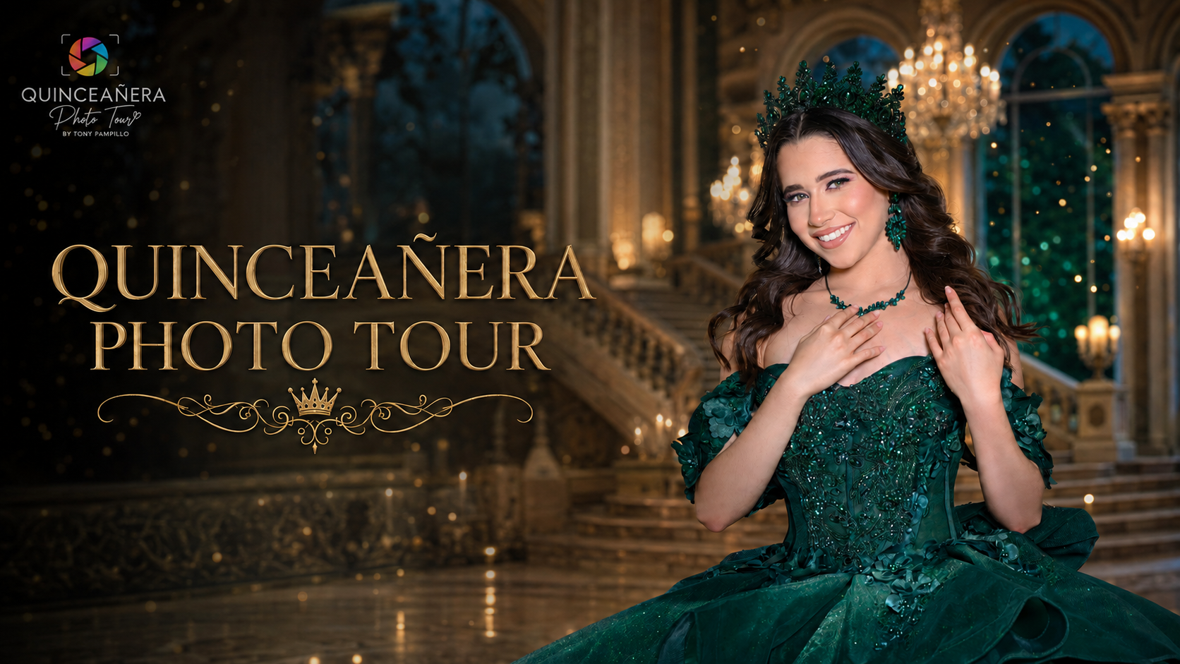 Quinceañera Photo Tour con quinceañera de vestido verde en un escenario de lujo